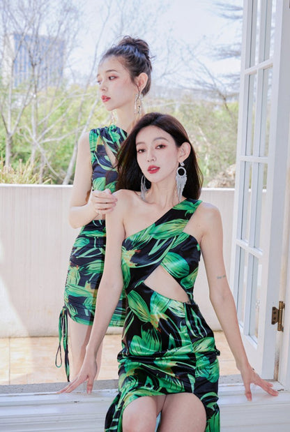 DOLLY Elegant Green Plant Print Sleeveless Slim Fit Long Slit Resort Dress-JOSEPHINA