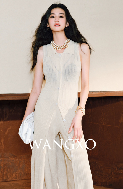 WANGXO Solaris Luxe Set Shaved Shoulder Cardigan & Wide-Leg Knit Pants - MAVIS