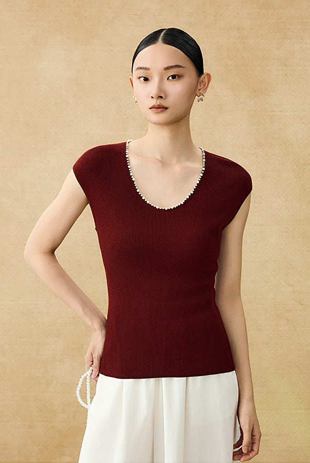 HECO Chinese style U-neck nail bead shoulder wrap small fly sleeve top - ROSE.