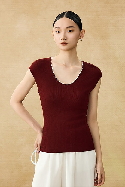 HECO Chinese style U-neck nail bead shoulder wrap small fly sleeve top - ROSE.