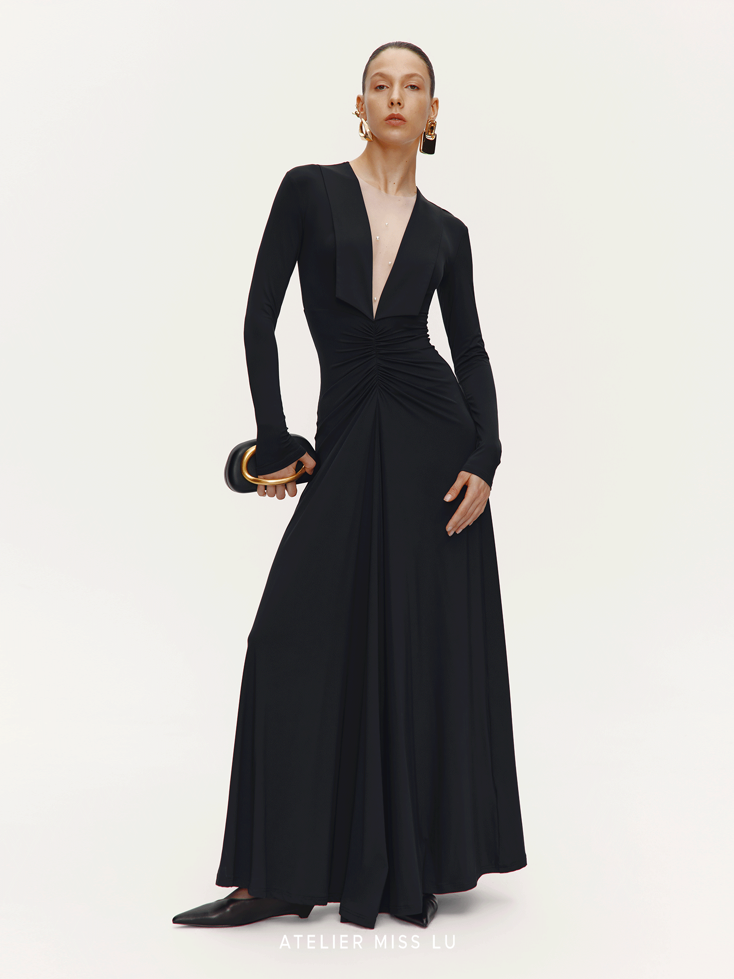ATELIER MISS LU V-Neck Large Swing Long Sleeve Dress - EMBAD.