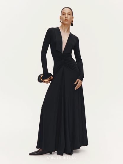 ATELIER MISS LU V-Neck Large Swing Long Sleeve Dress - EMBAD.
