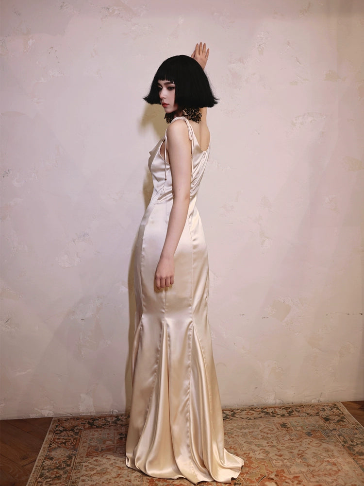 DOLLY Luxury White Stain Retro Sleeveless Long Fishtail Cocktail Dress-BETA