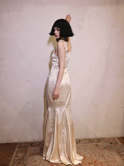 DOLLY Luxury White Stain Retro Sleeveless Long Fishtail Cocktail Dress-BETA