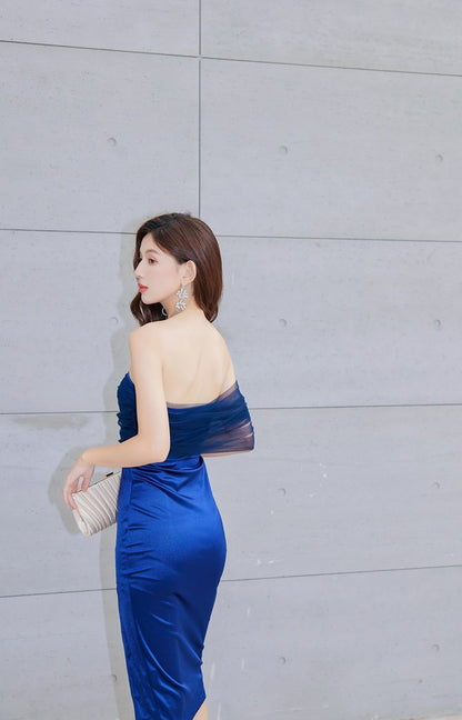 DOLLY Elegant Royal Blue One Shoulder Chest Wrap Slim Fit Slit Dinner Dress-ALLEGRA