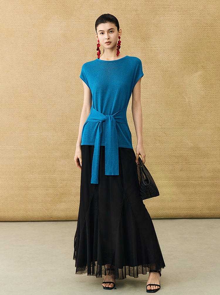 HECO Chinese Slimming Waist Linen Knit Breathable Crew Neck T-Shirt - INDIGO.