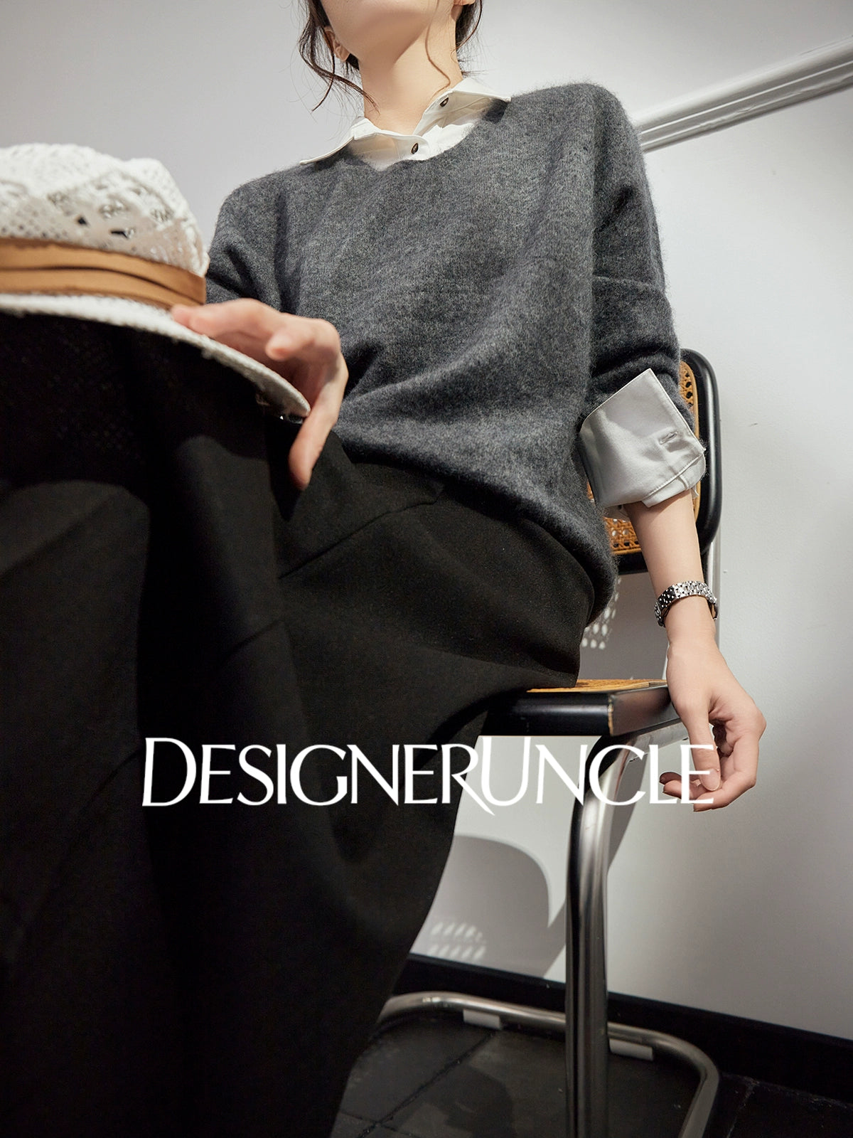 DGU "Goose Return" gray crew neck sweater loose and versatile slimming top - ALVADA.