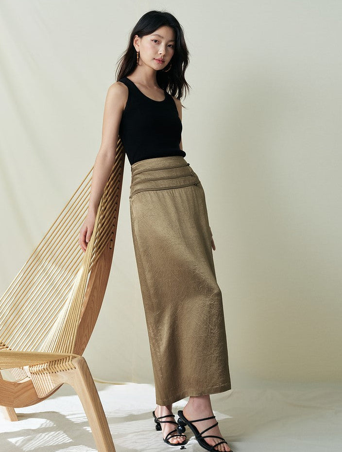SUSHE Light Chinese acetate scratch satin high waist long skirt female -JESSICA