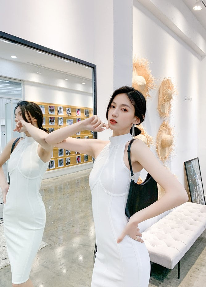 DOLLY Elegant Sleeveless Stand Collar Body Hug Midi Sexy Date Dress-NAT