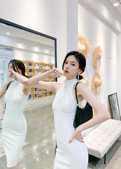 DOLLY Elegant Sleeveless Stand Collar Body Hug Midi Sexy Date Dress-NAT