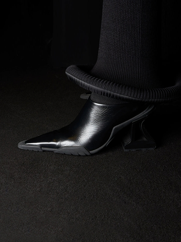 ANNAKIKI Black Genuine Leather Special-Shaped High Heeled Single Shoes -GORO