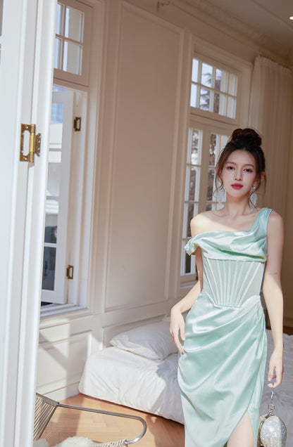 DOLLY Elegant French Style Herringbone One Shoulder Irregular Hem Dinner Dress-SALOMI