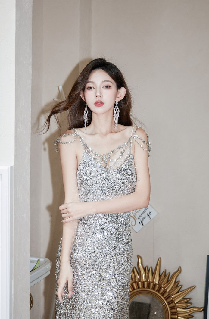 DOLLY High End Retro Style Sliver V-Neck Sleeveless Sequin Long Evening Dress-QUEENETH