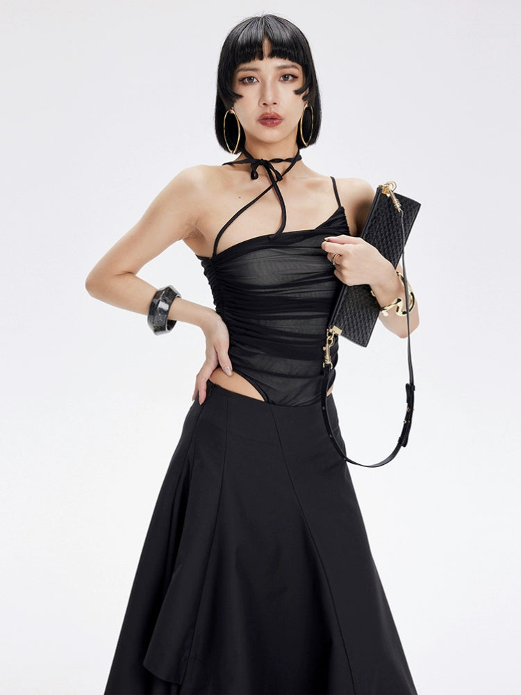 TINY IN Contrast double mesh ruffled suspender black bodysuit-UNIX