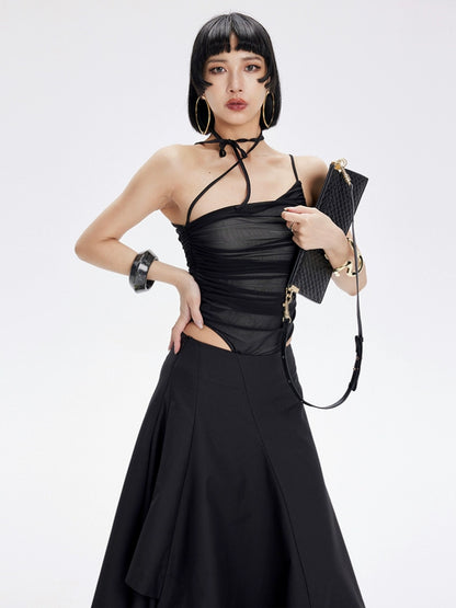 TINY IN Contrast double mesh ruffled suspender black bodysuit-UNIX