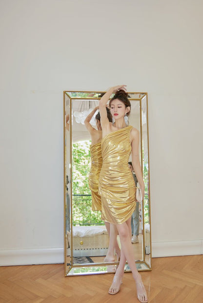 DOLLY Gold Slant Collar Off Shoulder Pleated Body Hug Midi Dinner Dress-AURELIA