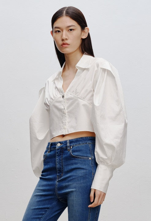 COMME MOI  v-neck short white simple shape sleeve shirt top - GIANNA.
