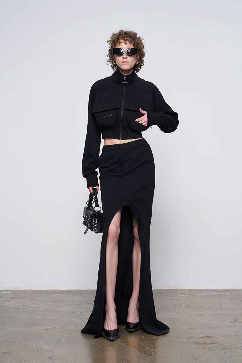 ANNAKIKI Designer Curved Casual Sweat Slit Maxi Skirt-FUKU