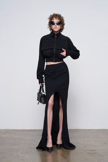 ANNAKIKI Designer Curved Casual Sweat Slit Maxi Skirt-FUKU