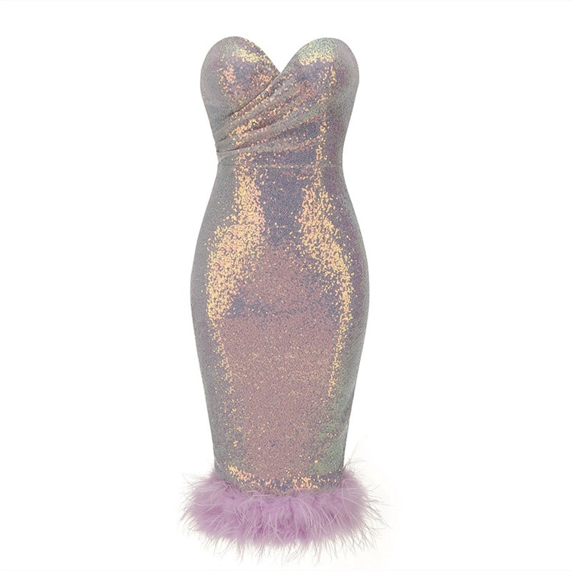 DOLLY Luxury Violet Glittering Sleeveless Chest Wrap Midi Feather Party Dress-FILIPPA