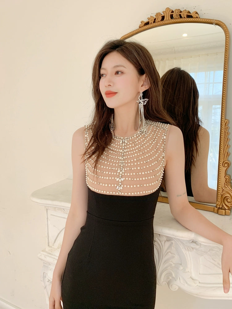 DOLLY Elegant Brown and Black Crew Neck Sleeveless Pearl Beaded Dinner Dress-MANYA