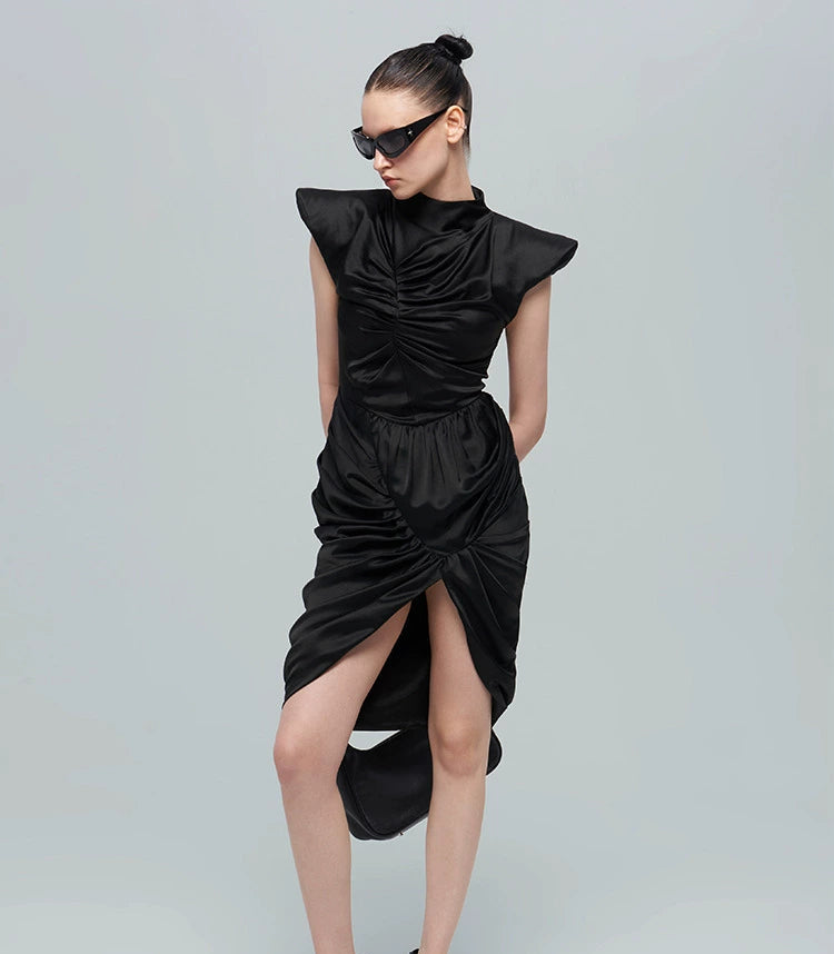ANNAKIK black acetic multi-pleated three-dimensional flying sleeve dress-SHIGAKI