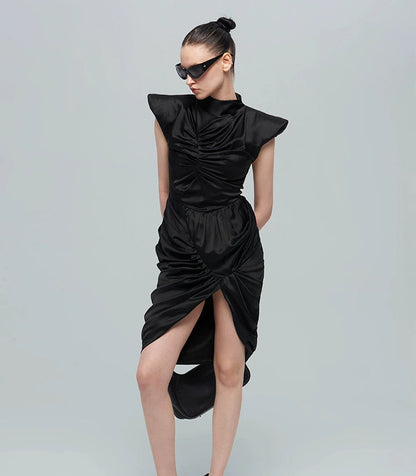 ANNAKIK black acetic multi-pleated three-dimensional flying sleeve dress-SHIGAKI