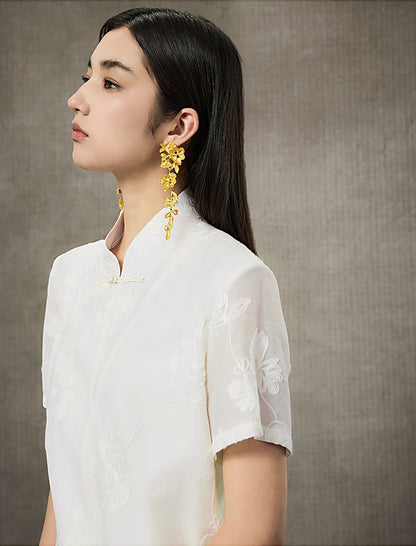 HECO Short Sleeve Mandarin Neckline Loose Summer Top - CENTER.