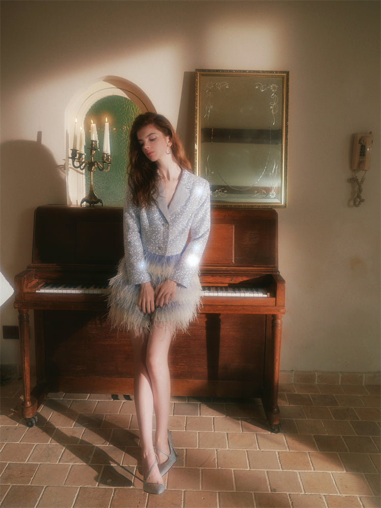 Wardrobes by Chen Gorgeous Fog Blue Embroidery Feather Tassel  Suit-Moet