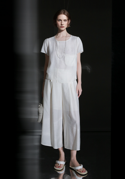 PIAOIN textured linen silk loose wide-leg cropped pants set summer-GISELLE.