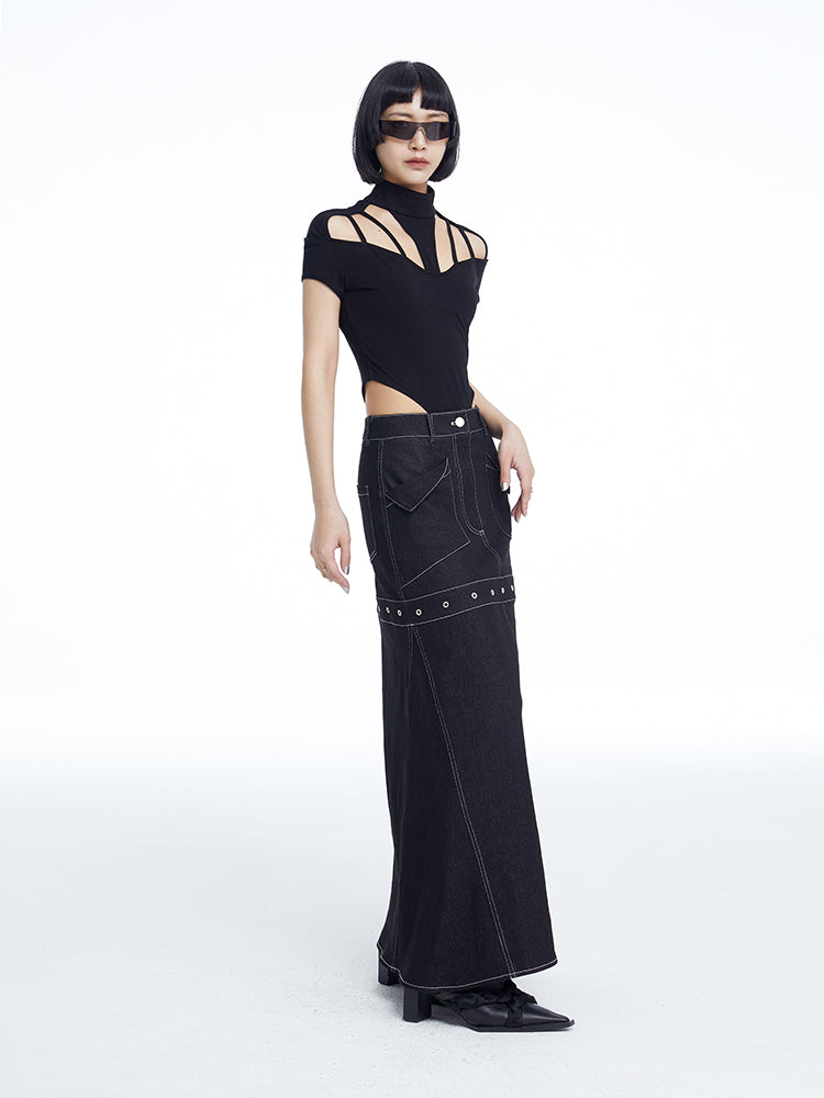 TINY IN black denim women's long a-line skirt -SALEM