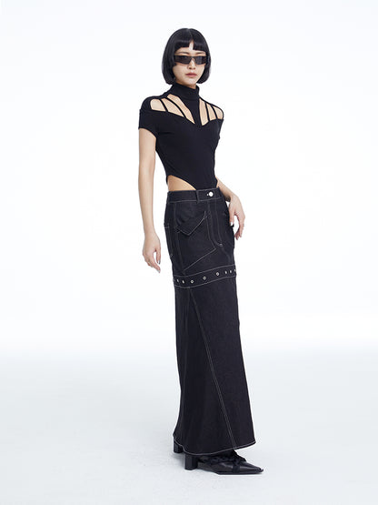 TINY IN black denim women's long a-line skirt -SALEM