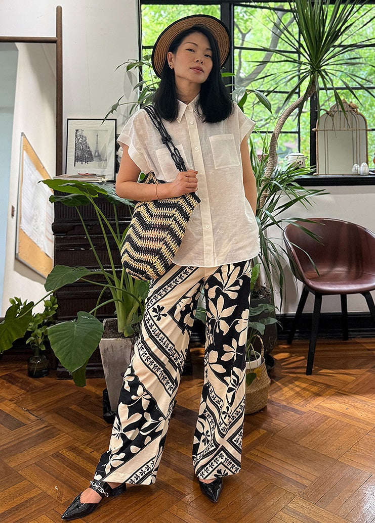 COMME MOI Lv Yan designer summer  black and white printed tassel straight-leg pants - KAIN.