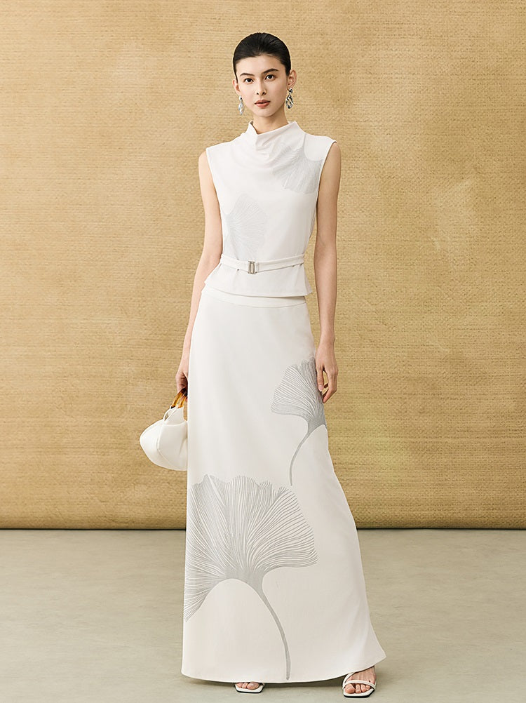 HECO Chinese Draped Summer Heavy Industry Ginkgo Biloba Print Slim Skirt - COLS.