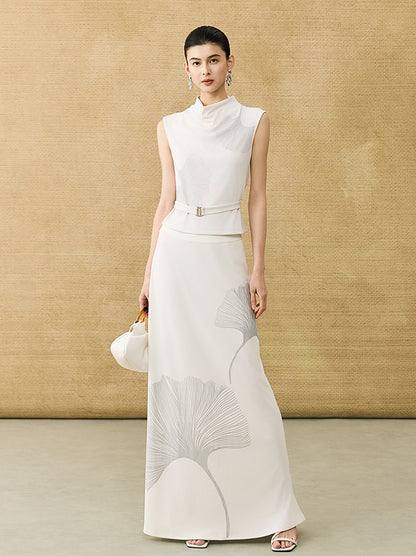 HECO Chinese Draped Summer Heavy Industry Ginkgo Biloba Print Slim Skirt - COLS.