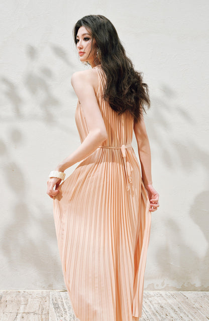 WANGXO | Natural Stone Beaded Halterneck Flowing A-Line Umbrella Skirt -ZENA