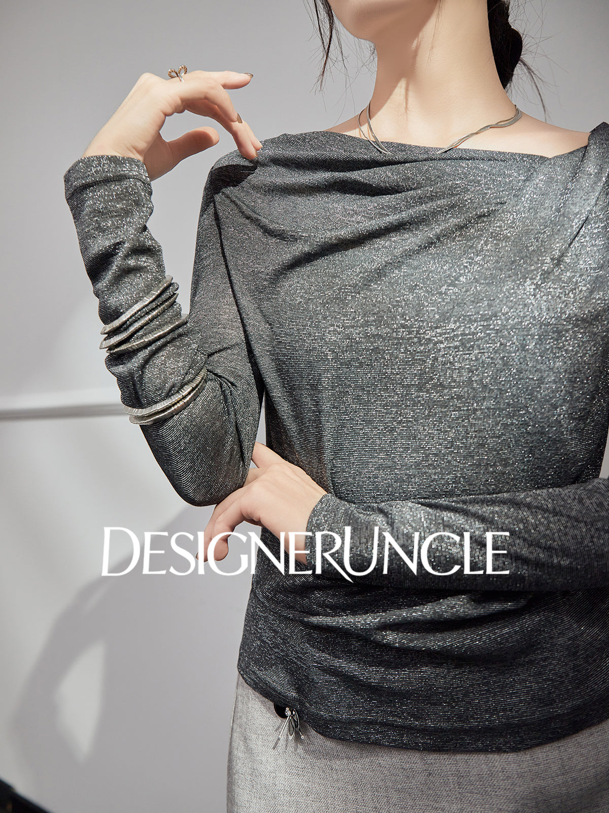 DGU "Ink Realm" gray long-sleeved loose commuting slimming and versatile high-end top - YAN.
