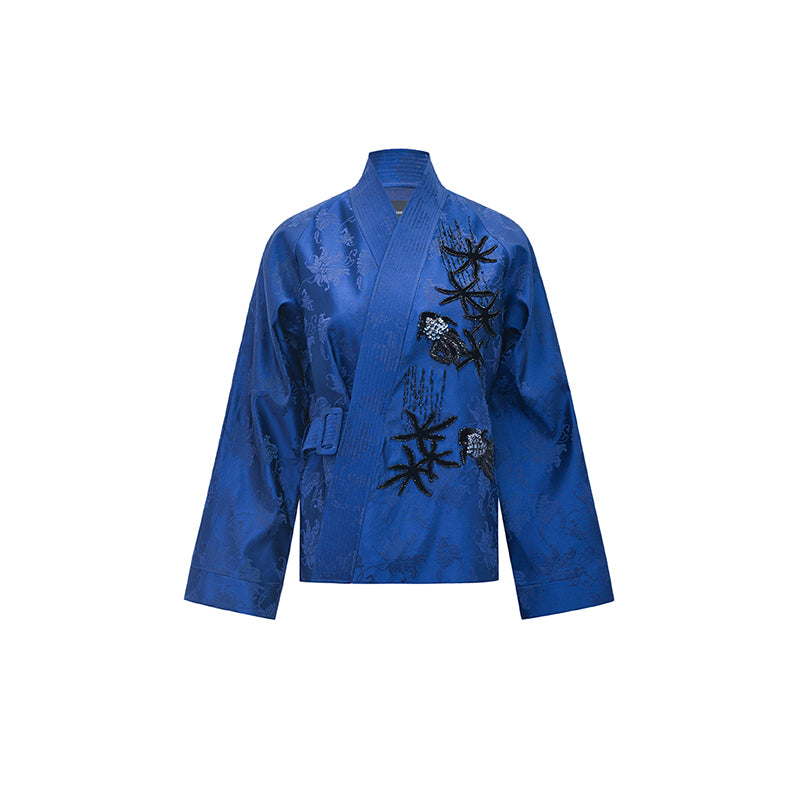 M essential Mackay designer sea green jacquard gag fish algae pattern nail bead jacket - ZYAN.