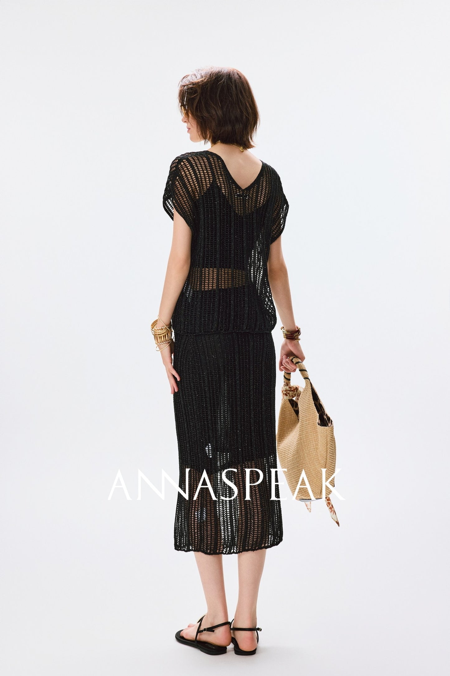 ANNASPEAK Lightweight and breathable cut-out fine glitter top skirt set summer-TOSE.