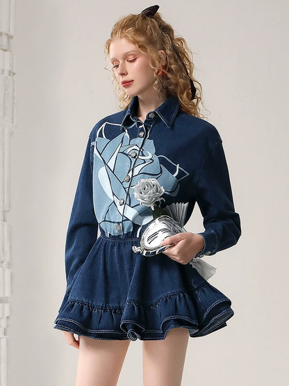 CHECOCRE Elegant Stubble Rose Print American Retro Denim Mini Dress - BETHANY