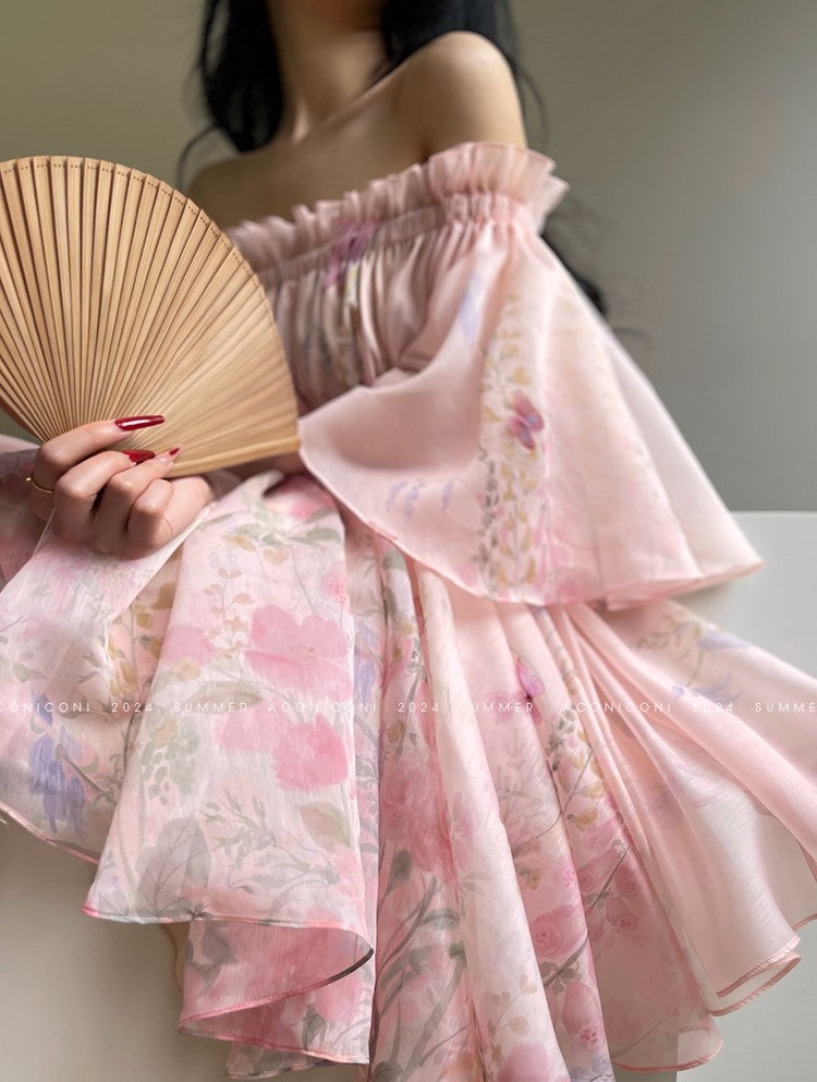 Aconiconi Luxury Off-Shoulder Flower Short Sleeve bridal baby doll Dress - Magnolia Lotus Fragrance