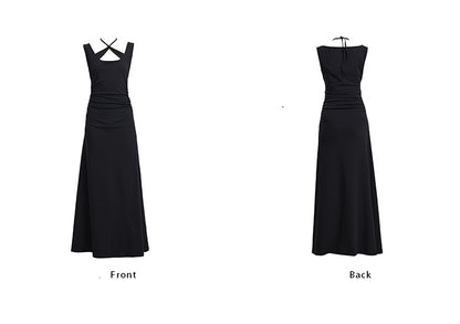 TINY IN cross-neck pleated knit maxi black dress-AYA