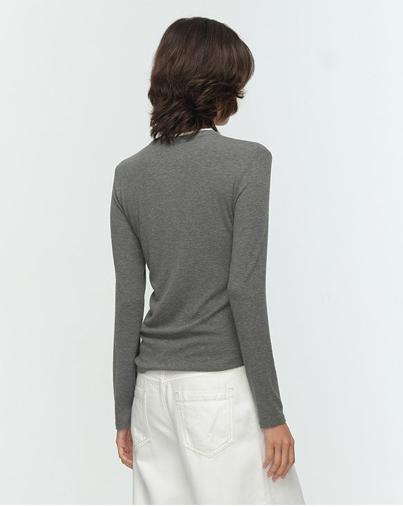 COMME MOI Lu Yan designer new women's clothing Henry collar color-blocked slim T-shirt- CHAOS.