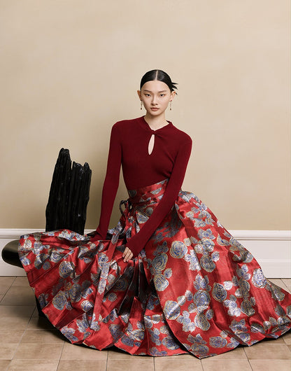 HECO red black white wool Blend twisted cut-out stand collar long-sleeved Knit- secret.