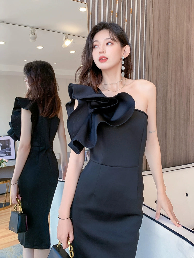 DOLLY Elegant Slant Collar Off Shoulder Petal Sleeves Dinner Dress-AMINA