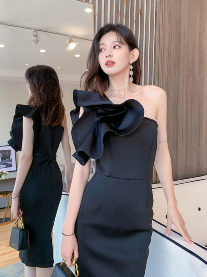 DOLLY Elegant Slant Collar Off Shoulder Petal Sleeves Dinner Dress-AMINA