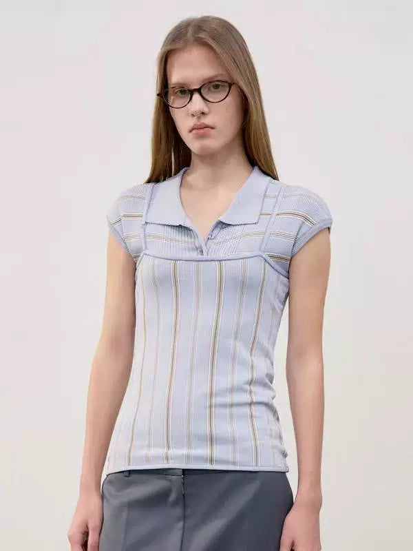 Nothing Written knitted short sleeve t-shirt striped polo neck top camisole-TESS.