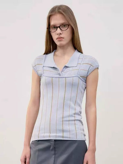 Nothing Written knitted short sleeve t-shirt striped polo neck top camisole-TESS.