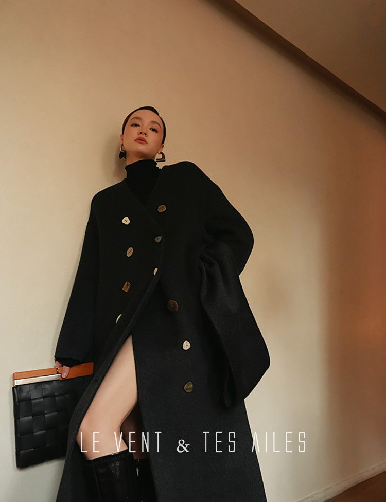 LE VENT&TES AILES Luxury winter camel hair tweed scarf jacket coat-ROSA.