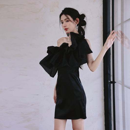 DOLLY Luxury Black Off Shoulder Slim Fit Short Ruffle Dinner Dress-MABEL